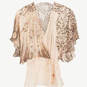 Roberto Cavalli Beige Leopard Silk Batwing Blouse